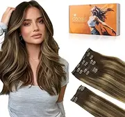 DOORES Hair Extensions Clip in Human Hair, Balayage Chocolate Brown to Caramel Blonde 150g 9pcs 16 Inch, Remy Human Hair Extensions Clip in Hair Extensions Real Human Hair Straight Thick Extensions