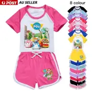 Girls Robocar Poli Print T-shirt Tracksuit Set Cotton Top Shorts Suits Gifts AU