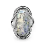 Ancient Roman Glass Ring Oval Shape Antiqued Sterling Silver