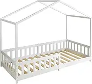 Luxsuite Pine Wood Bed Frame Single Size Toddler Mattress Base Floor Kids Bedroom Furniture Platform Foundation House with Children Safety Guard Rail