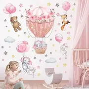 DECOWALL SG2-2408 Animal, Hot air Balloon, Balloons Wall Stickers Decals Flowers Elephant Bear Baby Nursery Bedroom Girls Toddler Pink Room Home Décor Decorations Kids Fox Rabbit Peel and Stick