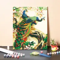 在飛比找松果購物優惠-中式風格DIY吉祥鳥孔雀數字油畫 彩板厚框充足顏料畫筆 (4