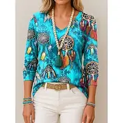 Women's T Shirt Graphic Feather Vintage Stylish Casual Long Sleeve V Neck Regular Tops Daily Print Blue Purple Orange Green Summer Spring Fall
