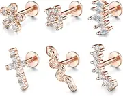 [PiercingJ] 6pcs 16g Cartilage Stud Earrings Set Cubic Zirconia Hypoallergenic Tragus Piercing Jewelry Lip Ring/Tragus/Helix Earring, 6mm Bar Length