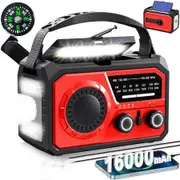 16000mAh Emergency Weather Radio,AM FM NOAA Weather Alert Radio Hand Crank Solar Outdoor Radio with Reading Lamp SOS Alarm 3 Mode Flashlight(Red)