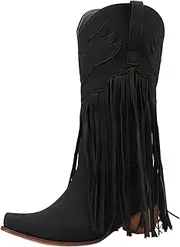 [JEUROT] Fringe Cowboy Boots for Women Pointed Toe Cowgirl Western Tassel Boots Mid Calf Chunky Heels Pull-On Riding Booties