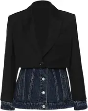 [Zadaos] Women Blazer Denim Patchwork Fake Two Blazers and Jackets Color Matching Asymmetry Suit Coats