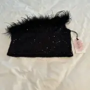 Women's Crystal Sky Black Sequin Feathers Party Sleeveless Crop Top, Size Small