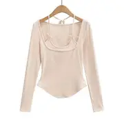 Long-Sleeve Scoop Neck Plain Mock Two Piece T-Shirt Milky White - M