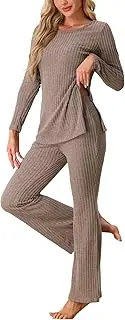 [cheibear] Womens Ribbed Knit Lounge Set Long Sleeves Top and Pants Pajama Sets Two Piece Matching Outfits Set