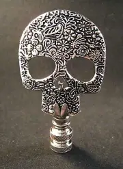 Lamp Finial-ANTQ. SILVER D.O.D. SKULL Lamp Finial-Satin Nickel Base