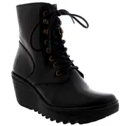 Womens Fly London Ygot Rug Leather Black Wedge Heel Winter Ankle Boots UK 9