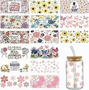 YOKUSHI UV DTF Cup Wrap Transfer Sticker for Glass, 15Sheets Rub on Transfers Stickers for Crafting Furniture-DIY Waterproof Decals UV DTF Transfer Sticker for 16OZ Libbey Glass Cups (Flower)