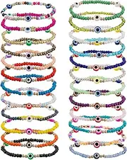 [Biubee] 24 Pcs Beaded Evil Eye Bracelet - Elastic Handmade Protection Jewelry, Durable Mexican Mal De Ojo for Women Men, Lucky Gift (Random Color)
