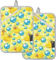 Kitchen Pot Holders Heat Resistant Bright Yellow Rubber Ducks Blue Bubbles Potholders with Pocket Hot Pot Holders Pads Oven Mitts 2 Pack
