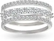 [Hoops & Loops] Sterling Silver Cubic Zirconia Round Stackable Anniversary Thin Eternity Band Three Ring Set