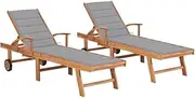 Teak Wood Sun Lounger Set: Outdoor Patio Recliner, Adjustable Reclining Chair with Grey Cushions for Lawn Lounge - Garden, Beach, Pool Side