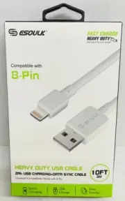 Esoulk USB Quick Charging & Data Sync Cable 10ft Heavy Duty 8 PIN White 2A NEW