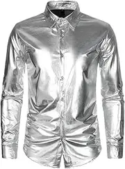 [Generic] Men Shiny Gold Coated Shirts Long Sleeve Disco Dance Party Shirt Mens Halloween Costume Stage Prom Shirt