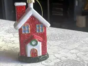 WONDERSHOP AT TARGET, HOUSE W/WREATH & CHRISTMAS COLORS ORNAMENT.