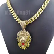 Iced Gold Plated Cubic Zirconia Lion Head & 10mm 18" ~ 30" Cuban Chain Necklace
