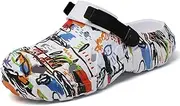 [SECHRITE] Womens Mens Clogs Garden Shoes Graffiti Slip On Mules Sports Sandals Unisex Adult Athletic Summer Outdoor Beach Slippers Water Shower Shoes, White, 13 Women/11 Men