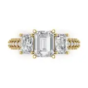 14K Yellow Gold 3-Stone Anniversary Ring, 3.61 ct Emerald Cut Simulated Diamond