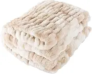 Lavish Home Oversized Ruched Faux Fur Blanket - 60x80-Inch Jacquard Faux Fur Queen-Size Throw for Sofas and Beds - Luxurious Bedding (Cream).