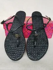 NIB Auth Tory Burch Marion Bryant 10.5 Quilted Black Logo Sandals flats Shoes
