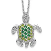 Sterling Silver Cheryl M Rhodium-Plated Brilliant-Cut Green Glass And White Cz Turtle 18 Inch Necklace