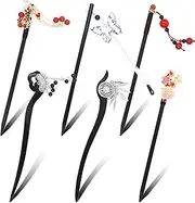 6 Pcs Chinese Hair Sticks, Vintage Asian Chinese Traditional Hair Sticks, Handmade Wooden Hair Chopsticks, Chinese Japanese Hair Accessories Flower Tassel Chopsticks Hair Pins for Long hair
