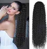 BEAUTY ON LINE Ponytail Extension Curly 30 inch Long Blonde Drawstring Ponytail Synthetic Clip in Ponytail Hair Extensions Dark Brown Curly Water Wave Clip in Hair Pieces for Women