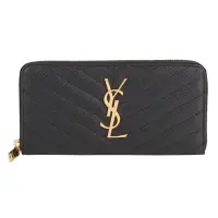 在飛比找Yahoo奇摩購物中心優惠-YSL-金LOGO V字縫線魚子醬皮革拉鍊長夾(黑)