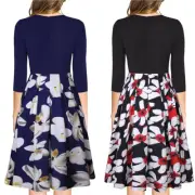 Women Pocket Retro Flower Patchwork 3/4 Sleeve Long Dress Party Cocktail Dresses