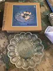 Vintage Indiana Glass Crystal Egg Relish Tray NIB Sunflower Flower Hobnail 11"