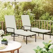 Brown Rattan Sun Lounger Set - 2 Pcs Outdoor Lounge, Adjustable Reclining Gravity Patio Chairs for Lawn, Beach or Camping with Cozy Cream White Cushions