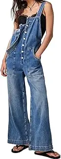 [Kedera] Women's Casual Baggy Denim Adjustable Denim Bib Overalls Loose Wide Leg Jeans Pants Jumpsuits with Pockets