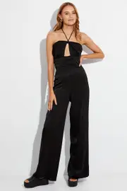 Black Halter Neck Keyhole Slinky Jumpsuit - Size 10, Women's F Jumpsuit