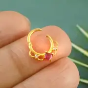 18k Solid Gold Crescent Ruby & Diamond Septum Daith Ring/Nose Ring 16G