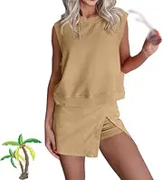 [EDAT] Two Piece Sets for Women Cotton Skort Sets, Sleeveless Cotton Tank Top Matching Split Athletic Skirts with Shorts