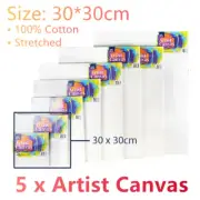5x Painting Canvas Artist Stretched White Primer Oil Acrylic Board Frame 30x30cm