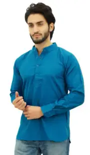 Atasi Ethnic Men's Short Kurta Teal Blue Mandarin Collar Cotton-Dyp