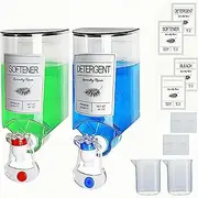 2 PCS Laundry Detergent Dispenser, 44 oz Wall Mounted Laundry Soap Dispenser with Faucet Liquid Detergent Holder for Laundry Room, Fabric Softener Container with Labels Adhesive Hook Measuring Cup