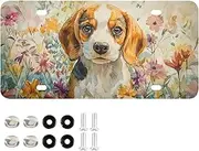 Watercolor Beagle Puppy Garden License Plate - Universal Fit for Sedan SUV Trucks, Car Decoration Accessory, Auto Car Tag Vanity Plates, Aluminum Novelty Plate for Men Women 12 X 6 in