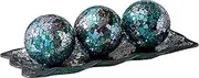 KMwares 12.4” Mosaic Glass Decorative Tray Dish Plate with 3pcs 3" Decorative Orbs Balls Sphere Decor for Living Room or Dining Table Coffee Table Mantle Decor Centerpiece (Turquoise)