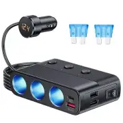 Car Cigarette Lighter Socket Splitter Fit fast charging: USB-C PD, and dual USB