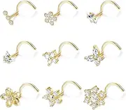 [BodyBonita] 9Pcs 20G Nose Rings Studs with Big Bling CZ Snowflake Star Top Surgical Steel L-Shaped Nose Studs Triple Linear Gem Ball Round Diamond CZ Nose Piercing Jewelry 7mm