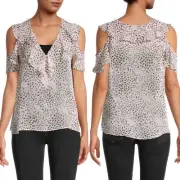 BCBGMaxAzria Cold Shoulder Top Size Large Leopard Print Short Sleeve V Neck NWT