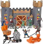 Medieval Castle Knights Action Figure Toy Army Playset with Weapons & Accessories in Storage Bucket