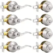 4 Sets-Wave Style Entry Door Handle Set with Double Cylinder Deadbolt in Sati...
